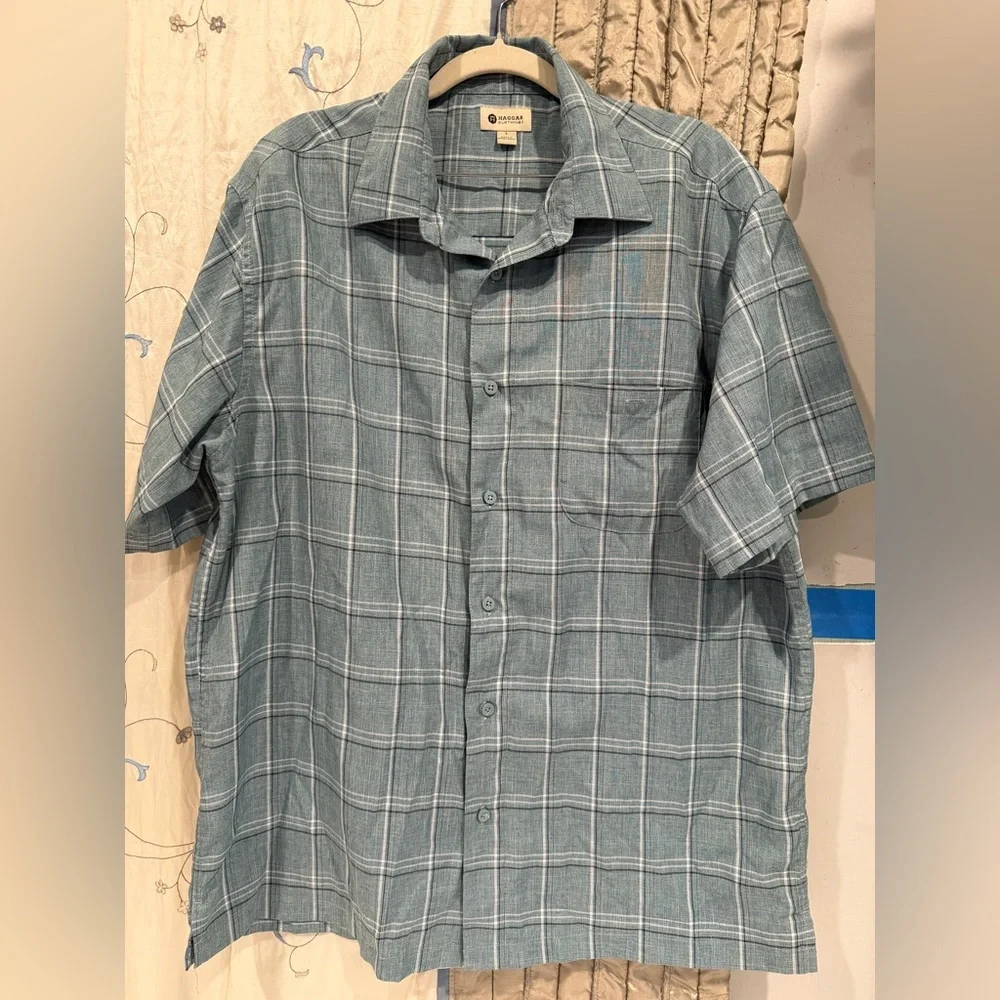 Haggar Teal Plaid Casual Button Down Shirt - Picture 3 of 8